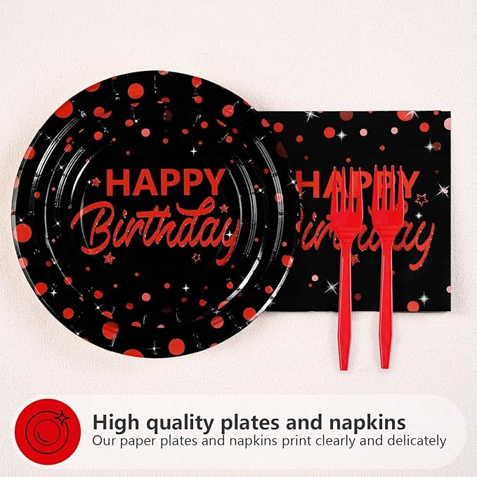 Grencian 96Pcs Red and Black Birthday Party Decorations Red Polka Dots on Black Paper Plates and Napkins Disposable Dessert Tableware for Men Women Stranger Birthday Party Decorations Serves 24
