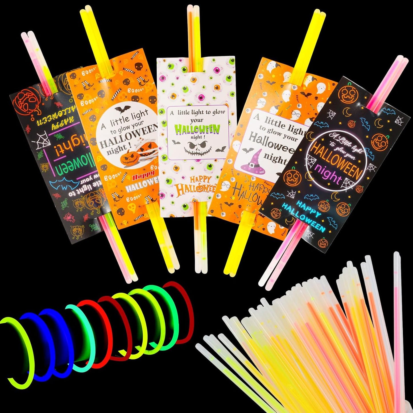 LiYiQ 50 Packs Halloween Gifts Cards with 100 Glow Sticks Let Your Light Shine Cards with Glow Sticks Pumpkin Cards for VBS Sunday School Supplies (Halloween)