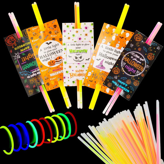 LiYiQ 50 Packs Halloween Gifts Cards with 100 Glow Sticks Let Your Light Shine Cards with Glow Sticks Pumpkin Cards for VBS Sunday School Supplies (Halloween)
