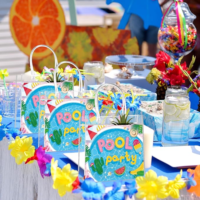 Aliceset 20 Pcs Pool Party Clear Favor Bags with Handles Swimming Themed Waterproof Goodie Bags for Pool Swimming Summer Party Birthday Baby Shower Supplies, 8 x 8 x 3. 15 Inch