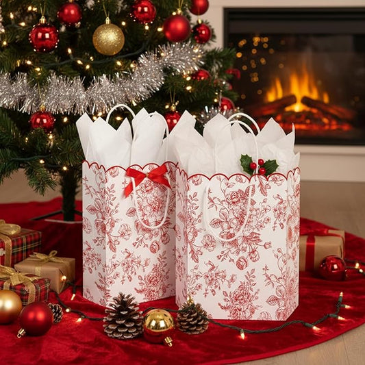 Kolldenn 24 Pcs Red Floral Party Favor Bags with Handles 10 x 5 x 13 Inch Large Scalloped Wildflower Goodie Candy Gift Treat Bags for Birthday Decoration for Bridal Baby Shower Party Supplie