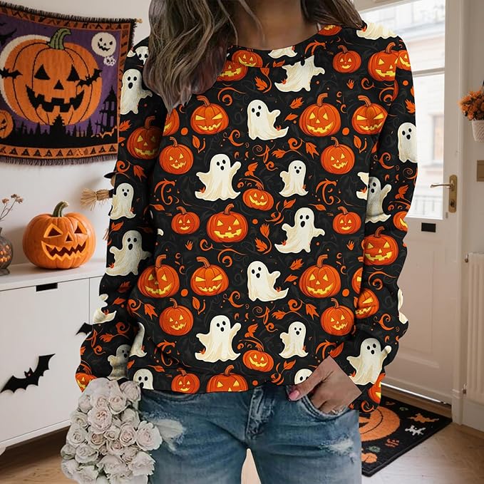 LIZALIG Pullover Cute Sweatshirt Orange Skeleton Fall Festive FunWomens Design Bat Holiday Party Outings Pumpkin Print