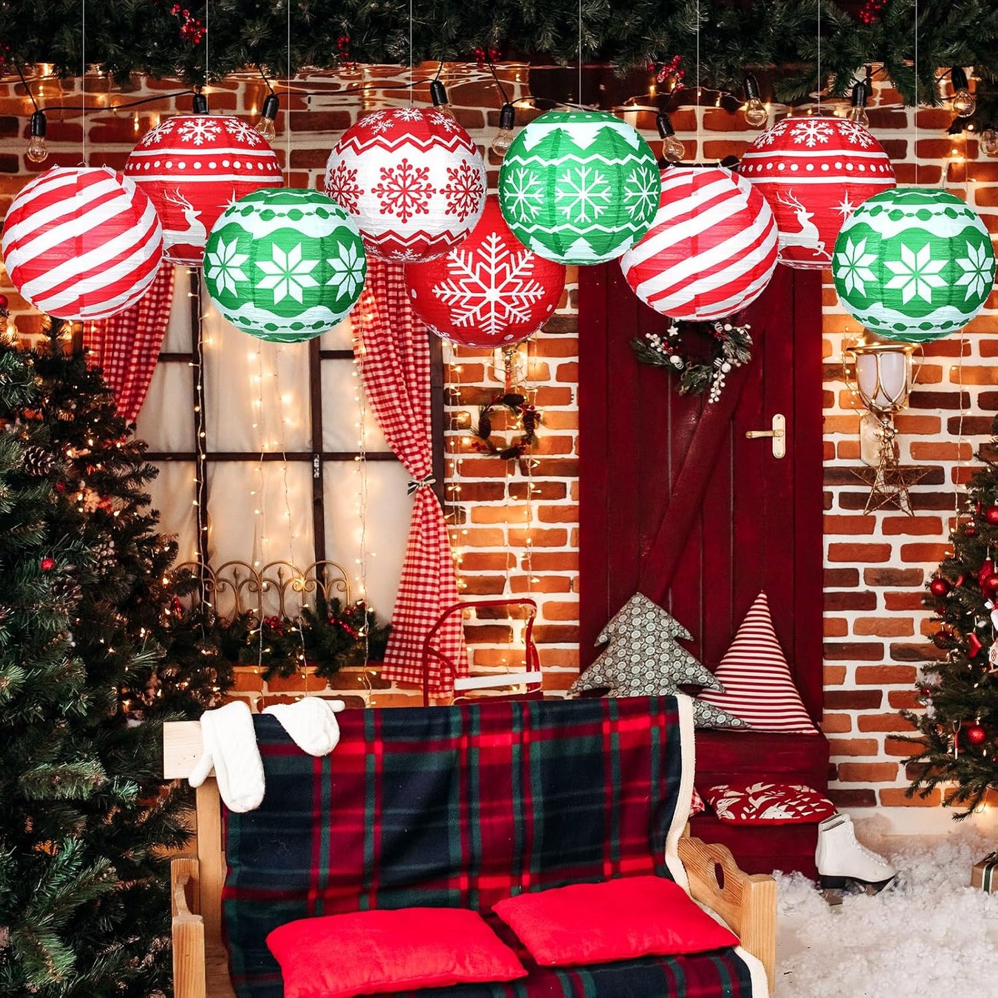 Bencailor 12 Pcs Christmas Hanging Paper Lanterns Set Decorative Christmas Party Lanterns Round Hanging Lamps for Xmas Home Decoration Supplies Props Graduation Holiday Decor(Noble, 12 Inch)