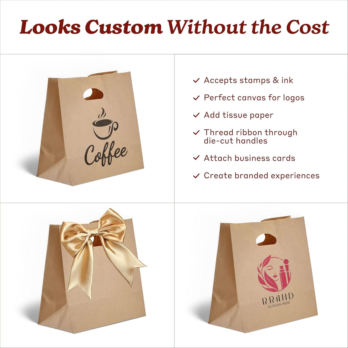 Natural Brown Kraft Paper Bags with Die Cut Handles - Recyclable Shopping Tote Bag for Retail, Gifts, Restaurant Takeout, Catering, Bakery, Small Business, Party Favors - 11" x 6" x 11", 500 Pack