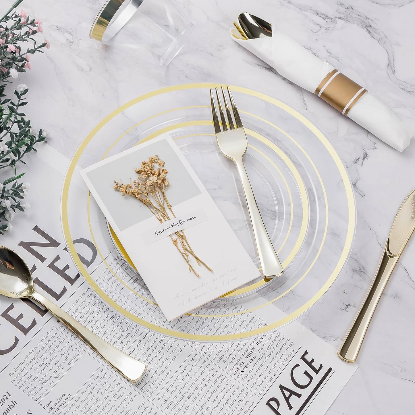 BESTVIP 350PCS Clear Gold Plastic Dinnerware Set for 50 Guests, Disposable Party Plate for Christmas and New Year,Halloween, Include: 100 Plastic Plates, 50 Pre Rolled Napkins with Silverware, 50 Cups