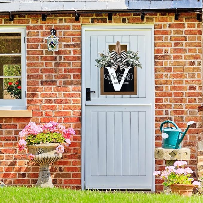 Last Name All Year Round Front Door Wreath with 26 Initial Letter Welcome Sign All Seasons Eucalyptus Garland and Bow ，Farmhouse, Porch, for Spring Summer Fall All Seasons Holiday Halloween Christmas. (V)