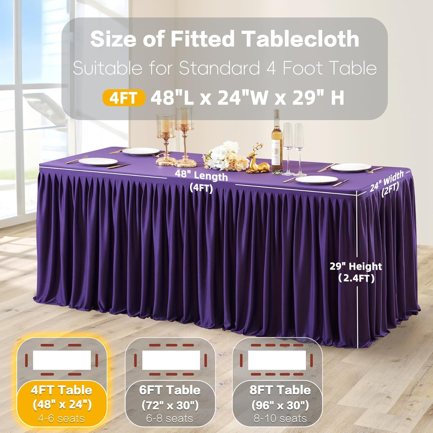 Dark Purple Polyester Table Clothes for 4 Foot Rectangle Tables, Wrinkle Free Fitted Table Cover with Pleated Ruffle Table Skirt for Birthday Party Wedding Trade Show Event Display