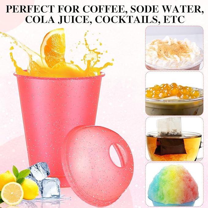 6 Set Slushie Cups with Dome Lids and Straws Detachable Spoon Straws Reusable Plastic Iced Coffee Cups Smoothie Tumbler for Birthdays Summer Party Supplies(Pink,16 oz)