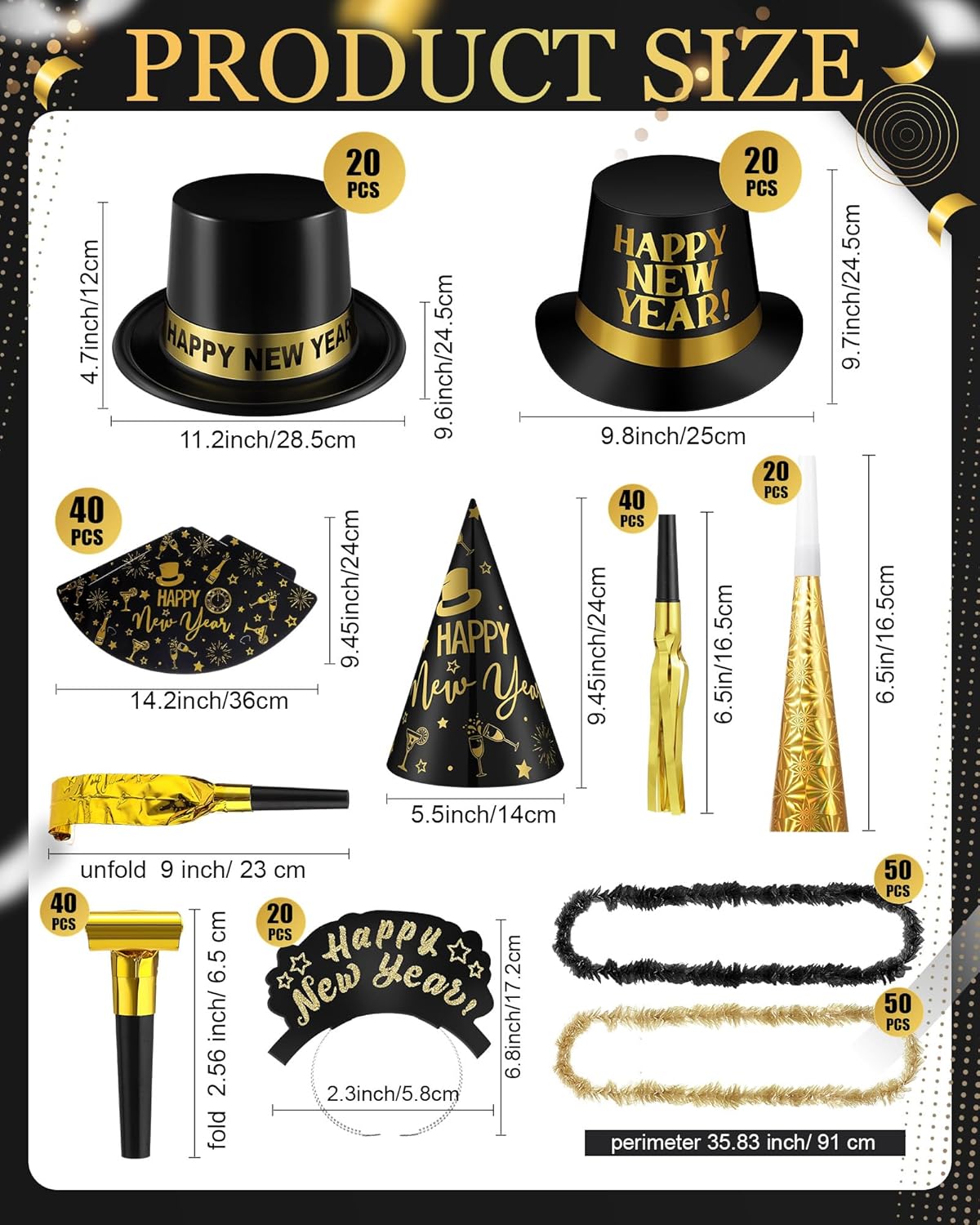 Cuffbow 300 Pcs 2026 New Years Eve Party Supplies Include Happy New Year Cone Hat Headband Tiara Metallic Fringed Party Blowers Noise Makers Horns Leis Hair Hoop Favors Decorations(Black Gold)