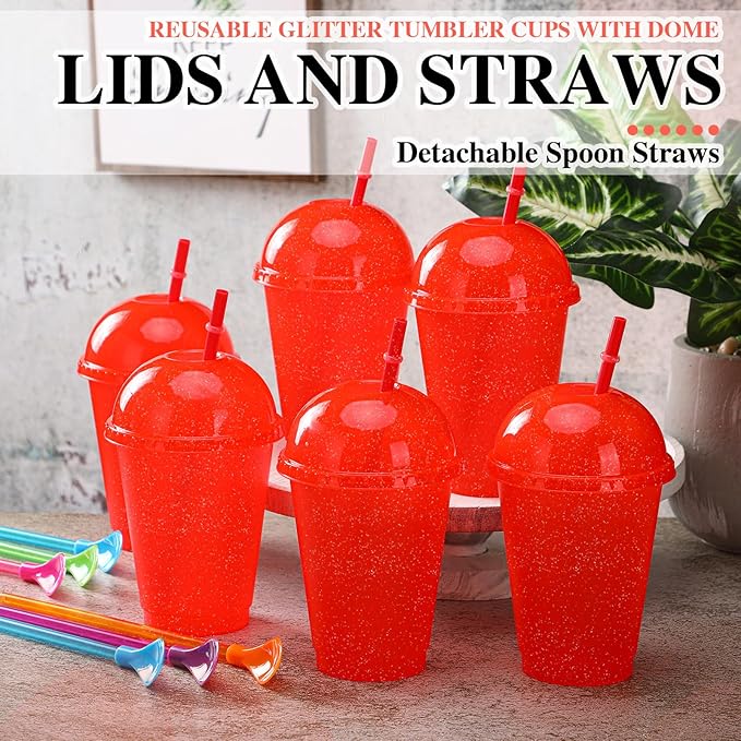 6 Set Slushie Cups with Dome Lids and Straws Detachable Spoon Straws Reusable Plastic Iced Coffee Cups Smoothie Tumbler for Birthdays Summer Party Supplies(Red,16 oz)