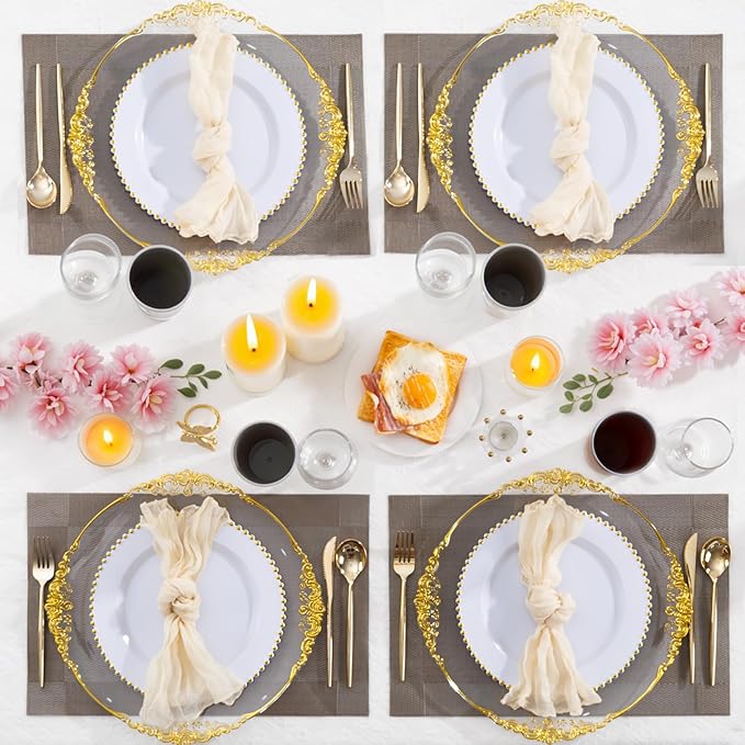 6pcs Clear and Gold Charger Plates,13inch Elegant Plastic Gold Chargers with Floral Trim,Table decoration,Charger Serving Plates for Wedding,Afternoon Tea,Spring,Mother's/Valentine's Day