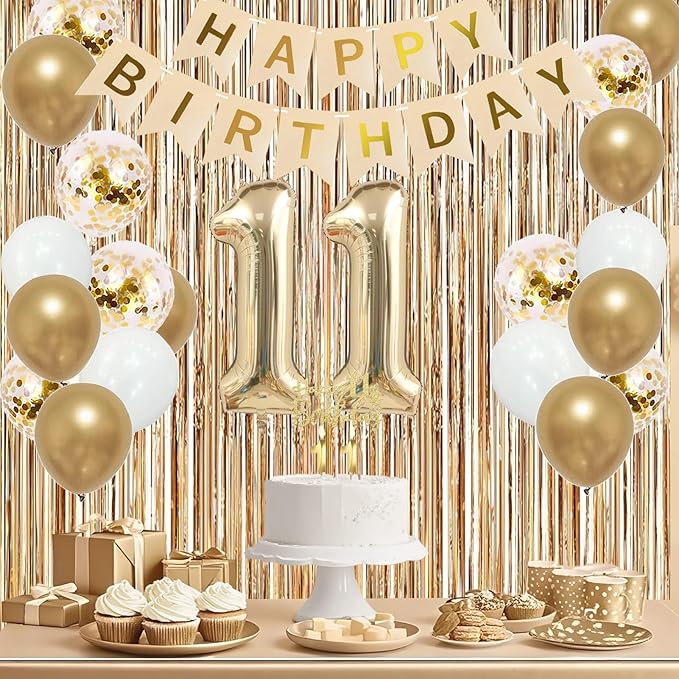 Trgowaul 11th Birthday Decorations for Girls, Banner, Sash and Crown, Cake Topper, 11 Number Balloon, Fringe Curtains, Champagne Gold 11th Birthday Party Supplies