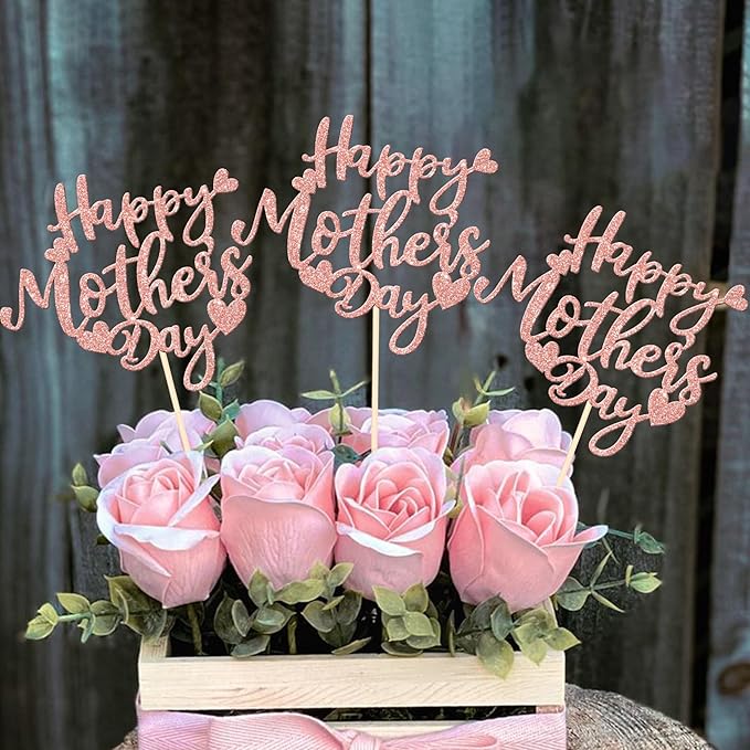 12 PCS Happy Mother's Day Centerpiece Sticks Double Sided Glitter Love Mother Best Mom Centerpieces for Happy Mother's Day Theme Table Flower Decorations Birthday Party Supplies Rose Gold