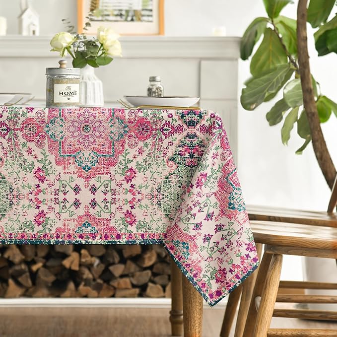 Horaldaily Boho Bohemia Style Tablecloth 52×70 Inch Rectangular, Pink Vintage Country Rustic Farmhouse Magical Fall Orange Washable Seasonal Table Cover for Party Picnic Dinner Decor