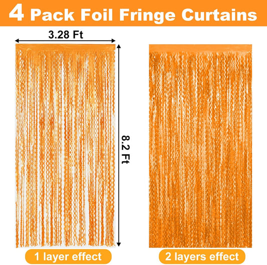 4 Pack Macaron Orange Fringe Curtain Backdrop 3.2Ft x 8.2Ft Metallic Tinsel Foil Fringe Streamers Background for Photo Booth Mother's Day, Easter, Carnival, Birthday, Wedding Party Decoration
