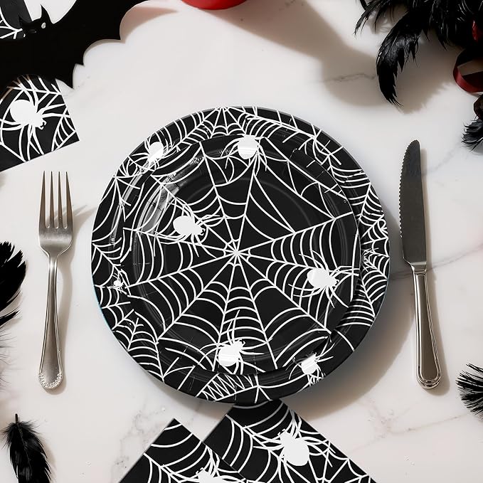75pcs Spider Party Supplies, Disposable Paper Plates & Napkins, Tableware Decorations Favors, Including 9" & 7" Plates & Napkins for Halloween, Birthday, Parties, and Everyday Use