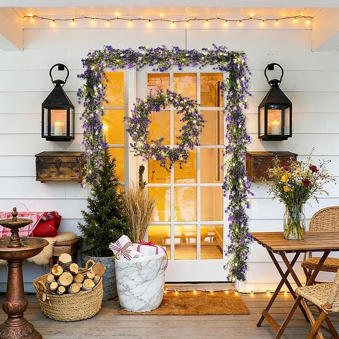 RECUTMS Faux Lighted Mantle Garland Artificial Hanging Greenery Fake Hanging Eucalyptus Leaves Vine with Lights Swag Garland for Indoor Outdoor Wall Party Mantel Wedding Table Arch Decor(Purple)