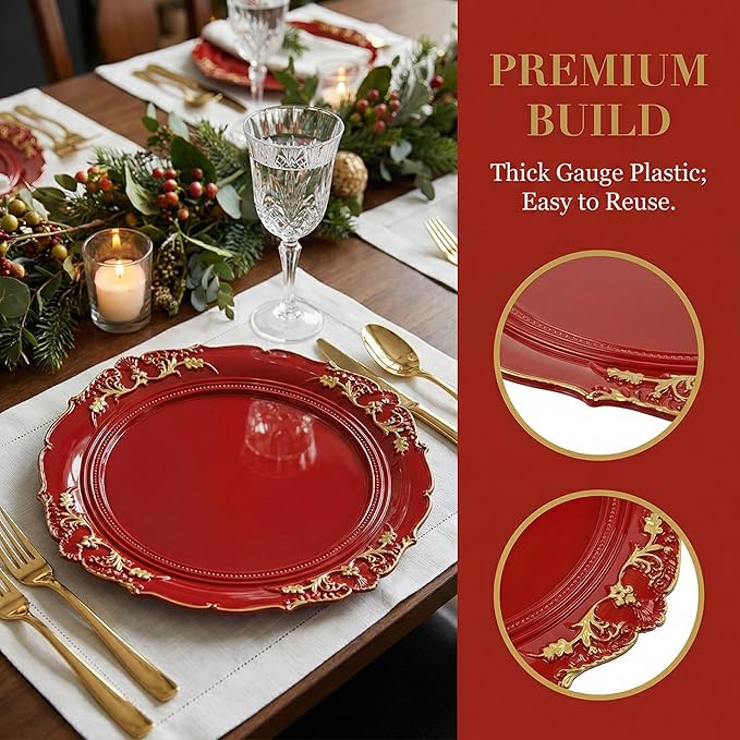 Red Charger Plates, 13 Inch Embossed Chargers for Dinner Plates. Plastic Charger for Wedding, Party. (Set of 6)