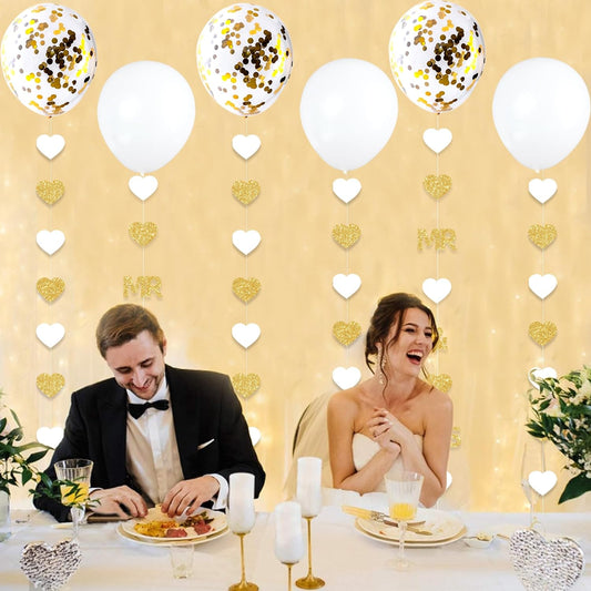 Gold Wedding Party Decorations Gold/White Heart Mr and Mrs Garland with Balloons for Bridal Shower Engagement Bachelorette Party