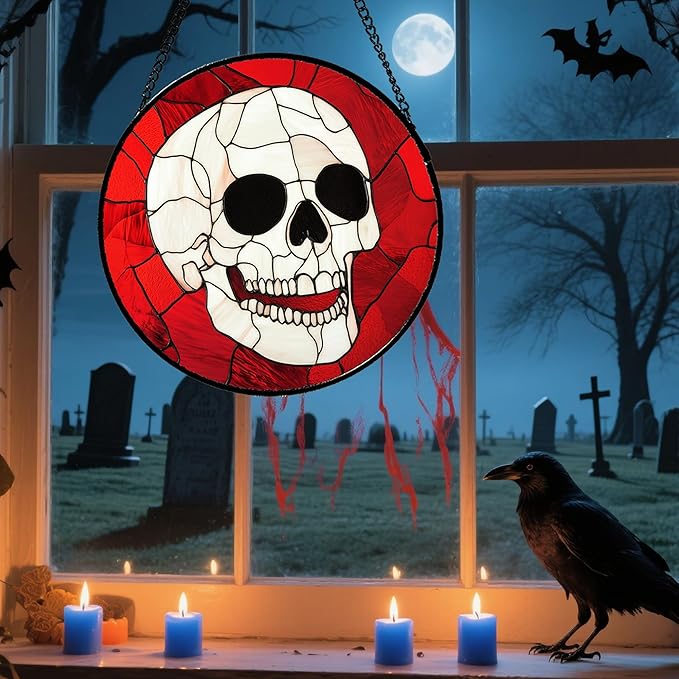 Stained Glass Window Hanging - Halloween Decoration White Skeleton Skull Suncatcher for Door Garden Spooky Red Sun Catchers Gothic Decor Horror Gifts for Women Men Friend Boy Girl 7.8 in