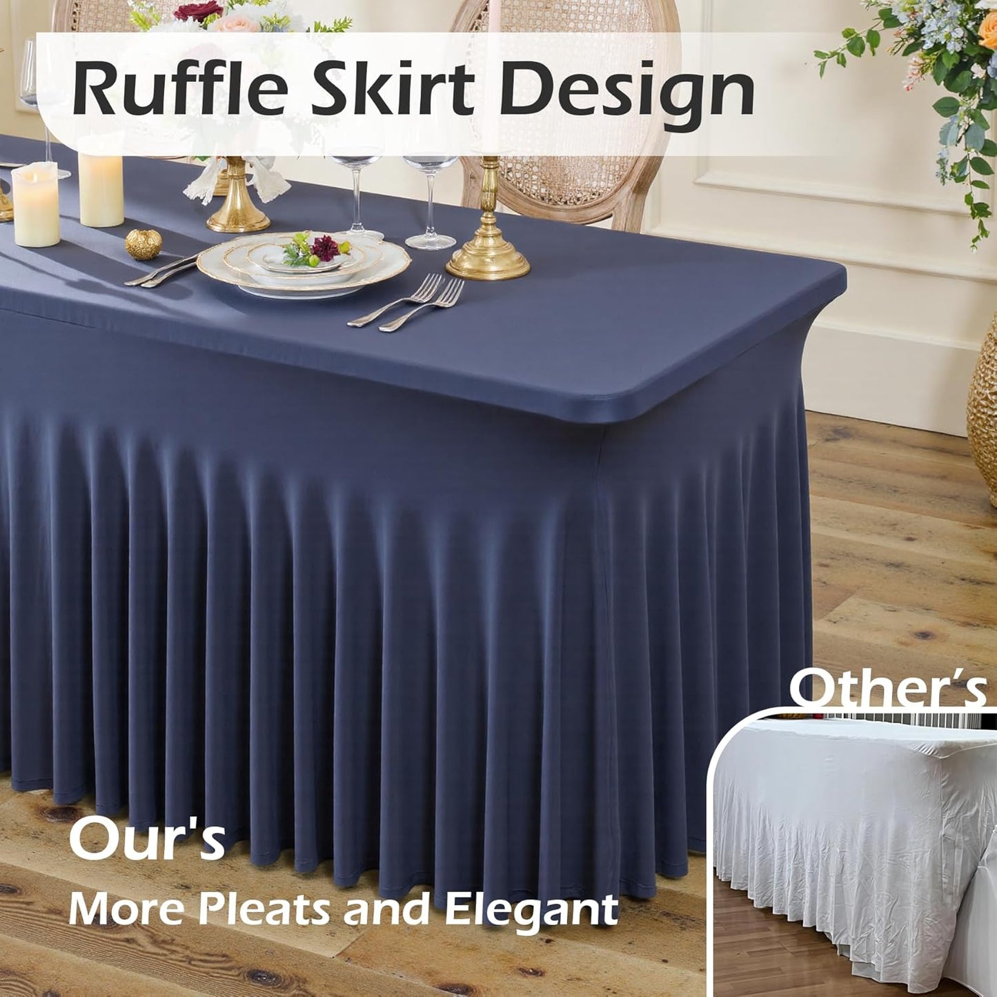 2 pk Navy Blue Spandex Tablecloth 6ft With Ruffle Table Skirt, Wrinkle Free Stretchy Fitted Tablecloths for 6 Foot Rectangle Tables, Elastic Spandex Table Covers 6ft for Weddings Parties Banquet Craft
