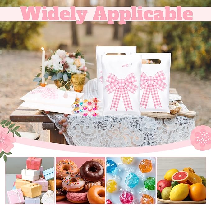 Supervitae 100 Pcs Pink Bow Gift Bags Coquette Plaid Bow Party Favor Plastic Bags Bulk with Handle for Birthday Wedding Bridal Shower Spring Easter Pastel Goodie Treat Bachelorette Party Supplies