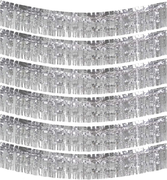 6 Packs 10 Feet Foil Fringe Garland Metallic Foil Tinsel Fringe Garland Wall Hanging Fringe Banner for Parade Floats, Wedding, Christmas，Birthday Party Halloween Decor (Silver)