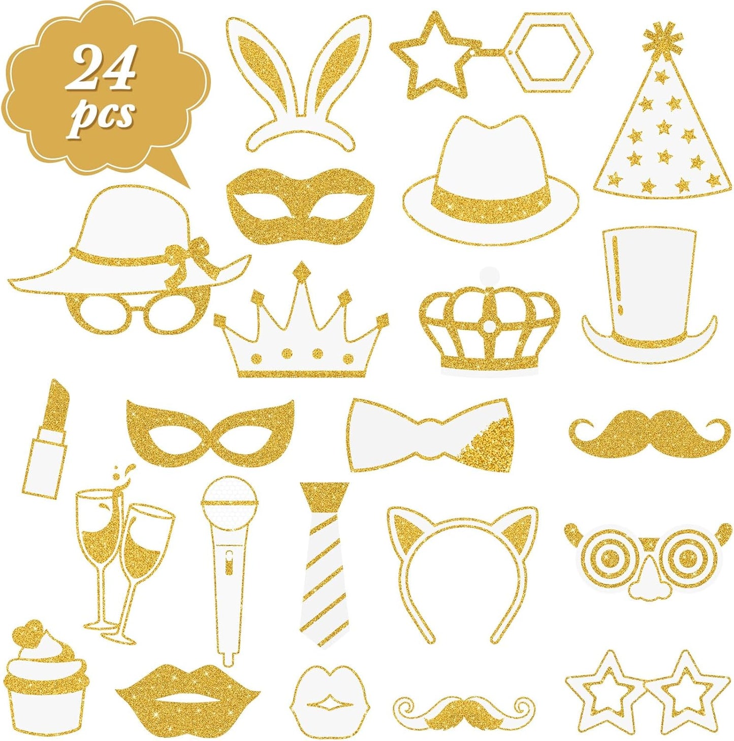Zonon 24 Pieces Funny Photo Booth Props:Halloween,Christmas,Family Reunion, Class Reunion, Birthday, Weddings, Prom Disco Mardi Gras Party Supplies - Mix of Hats, Lipstick, Tie(White and Gold)