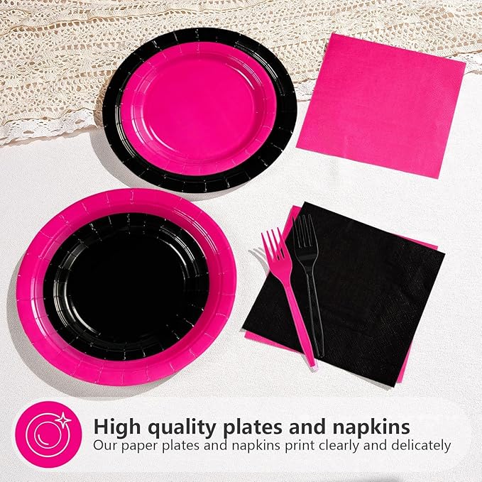 200Pcs Hot Pink and Black Birthday Decorations Hot Pink Party Plates and Napkins Disposable Heavy Duty Pink and Black Tableware Set for Valentine’s Day Girls Women Birthday Bridal Shower Gender Reveal