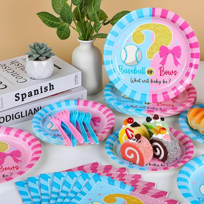 OBUSATT 96Pcs Baseball or Bows Gender Reveal Party Supplies Baseball Gender Reveal Paper Plates Napkins Boy or Girl Baseballs or Bows Decorations Blue or Pink Baseballs Party Tableware Serves 24