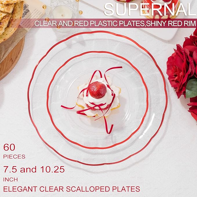 supernal 60pcs Clear and Red Plastic Plates,Fancy Scalloped Plates Disposable Heavy Duty, Wedding Disposable Dinnerware Include 30 Dessert Plate and 30 Dinner Plastic Plate for Party and Birthday