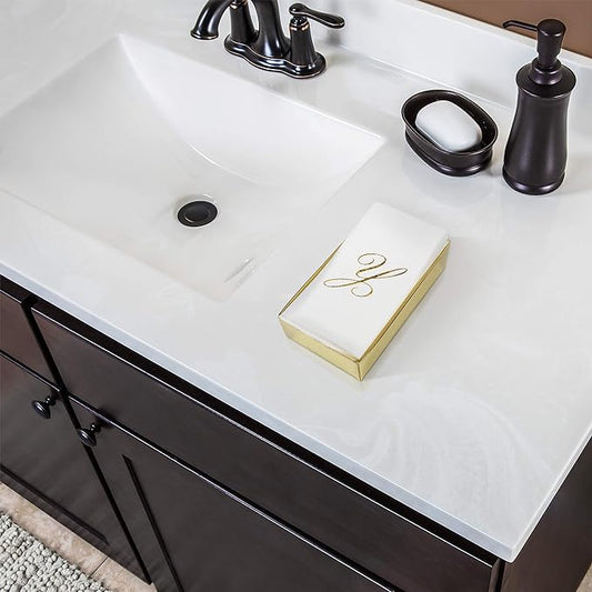 AMERICAN HOMESTEAD Disposable Hand Towels - Gold Foil Monogrammed Guest Napkins - Linen-Like Bathroom Paper Towels for Guests - Perfect Wedding and Party Napkins - 50 Count (Gold E)