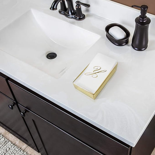AMERICAN HOMESTEAD Disposable Hand Towels - Gold Foil Monogrammed Guest Napkins - Linen-Like Bathroom Paper Towels for Guests - Perfect Wedding and Party Napkins - 50 Count (Gold V)