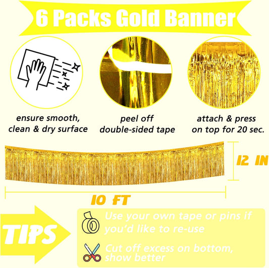 6 Pack 10 Feet Foil Fringe Garland Metallic Tinsel Banner Wall Hanging Curtain Streamers Backdrop for Parade Floats Bachelorette Wedding Birthday Party Thanksgiving Christmas Decorations(Gold)