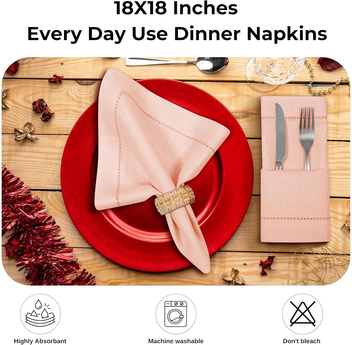 Bedding Craft Linen Napkins Set of 4 Rose Water -100% Linen Size 18"x18" with Retail Gifting Package,Wedding, Dinner Napkins, Fabric, Machine Washable Dinner Hemstitched