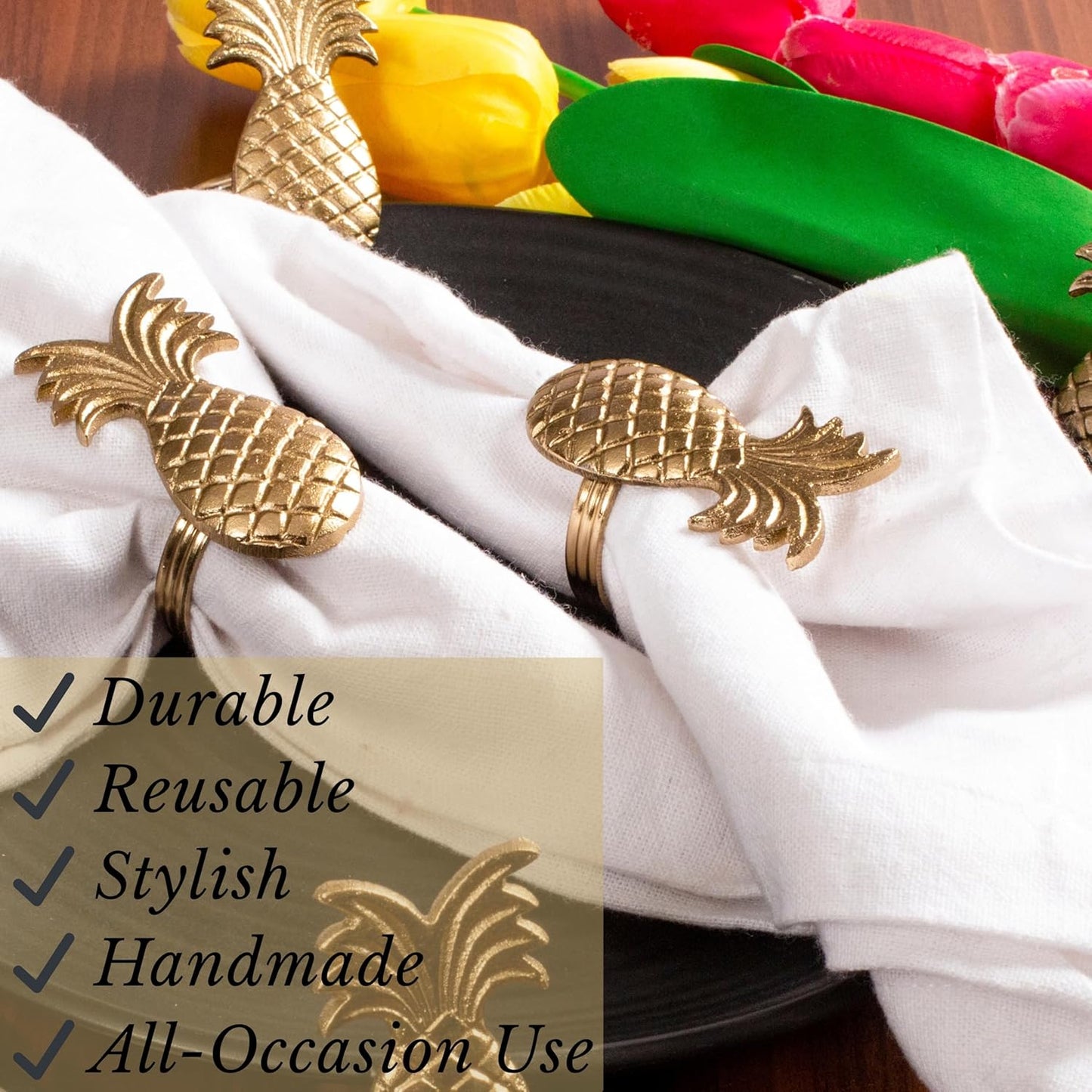 Set of 12 Napkin Rings Pineapple Antique Gold Bulk Elegant Napkin Rings Thanksgiving Christmas Napkin Holder Handmade Buckles Rings for Farmhouse Table Decor Harvest Wedding Party - ALPHA Living HOME