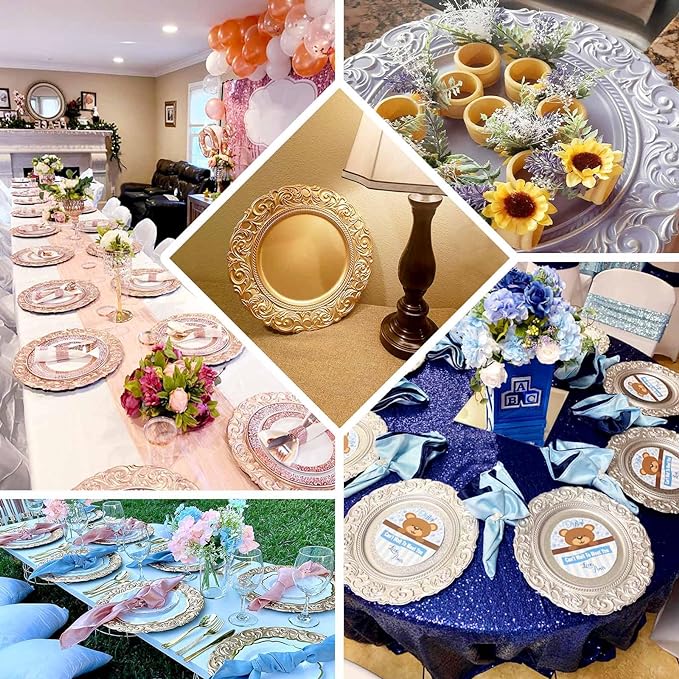 Efavormart Set of 6 ROSE GOLD 14" Round Plastic Charger Plates With Engraved Baroque Design Rim For Wedding Party Events