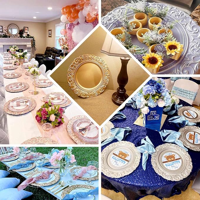 Efavormart Set of 6 GOLD 14" Round Plastic Charger Plates With Engraved Baroque Design Rim For Wedding Party Events