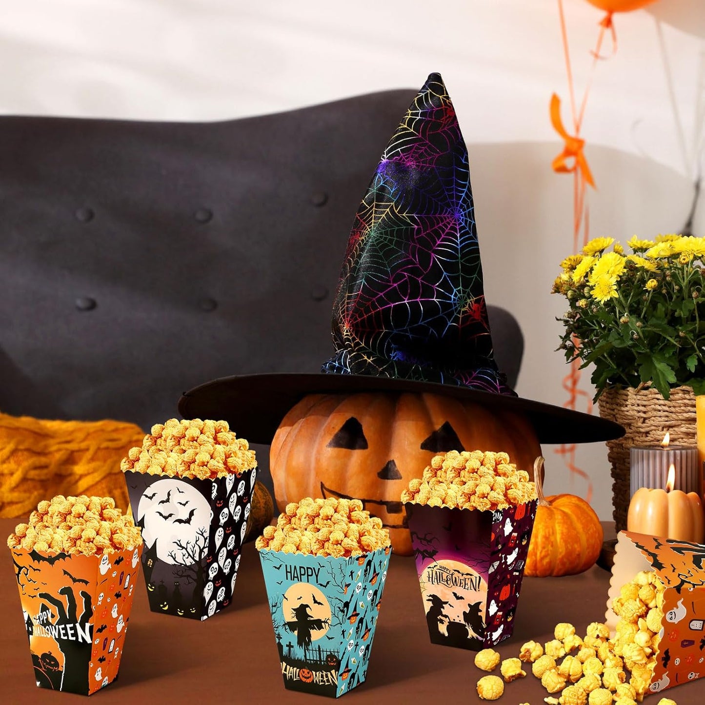 DECYOOL 24 Pcs Halloween Popcorn Boxes, Hocus Pocus Popcorn Boxes Pumpkin Bat Witch Trick Or Treating Popcorn Candy Cookie Treat Boxes for Halloween Theme Birthday Party (4 Styles)