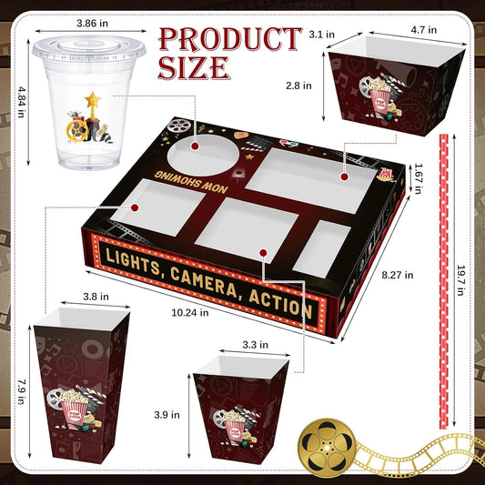 Bokon 172 Pcs/ 24 Sets of Christmas Movie Night Snack Trays 3 Sizes Snack Boxes, 16 oz Disposable Drinks Cups, 50 Straws, Complimentary Sealing Stickers for Cinema Party Decoration(Plastic,Cinema)