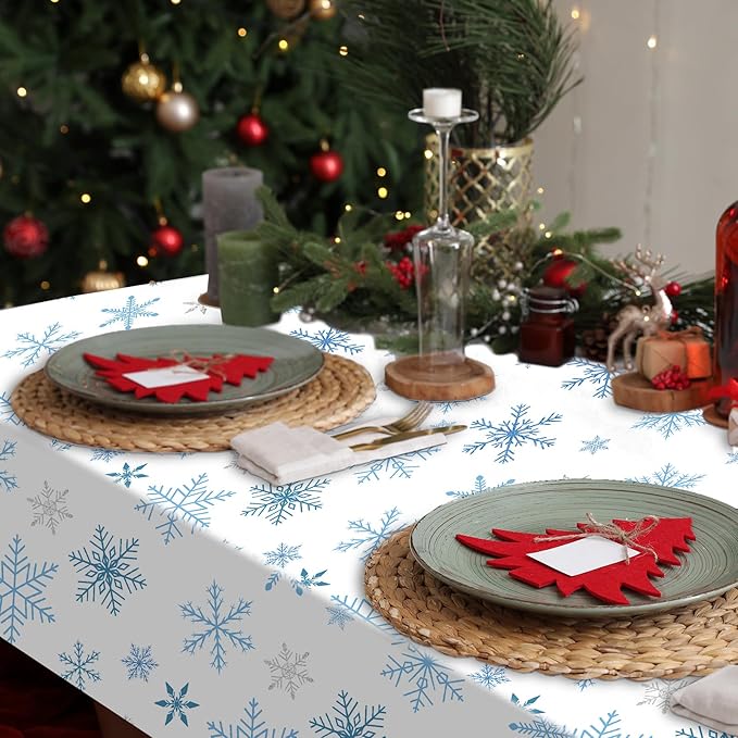 Peryiter 12 Pcs Winter Snowflake Plastic Tablecloth Decorations, Christmas Wonderland Disposable Table Cover 54 x 108 Inch Blue and White Dining Table Cover for Winter Holiday Theme Party Supplies