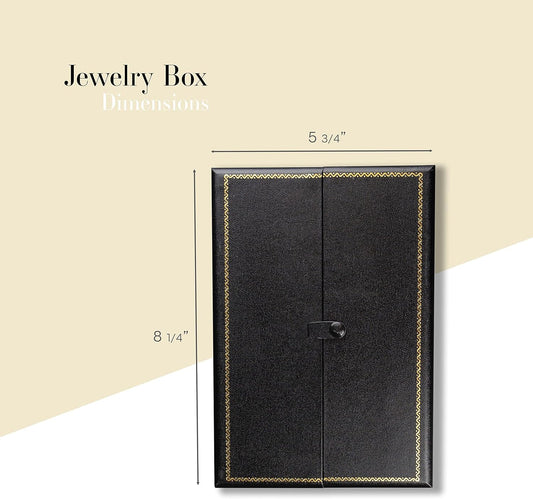 Novel Box Two-Door Black Jewelry Box for Ring Earring Bracelet & Necklace Combination 5.75x8.25x1.25 Inches - Faux Leatherette Boxes Gift Presentation with Gold Trim for Wedding & Special Occasions