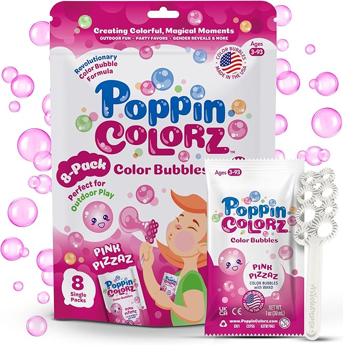 PoppinColorz Pink Pizzaz Little Bubbles Party Favors – 8-Pack for Kids with Wands, Non-Toxic Party Favor for Birthday, Gender Reveal & Outdoor Fun – Bubbles Made in USA