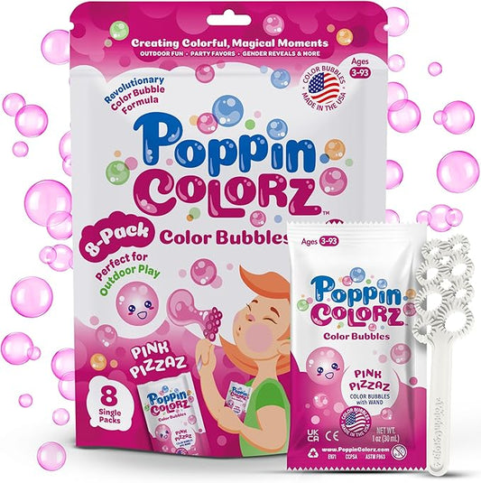 PoppinColorz Pink Pizzaz Little Bubbles Party Favors – 8-Pack for Kids with Wands, Non-Toxic Party Favor for Birthday, Gender Reveal & Outdoor Fun – Bubbles Made in USA