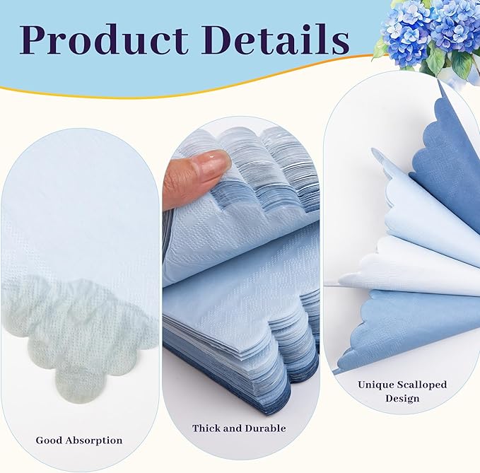 100 Pcs Blue Scalloped Napkins Gradient Color Cocktail Napkin Folded 5 x 5 Beverage Napkins Disposable Paper Napkins for Birthday Party Supplies