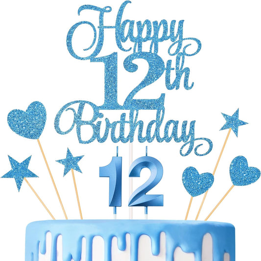 12th Birthday Cake Decorations, 12th Birthday Candles Cake Numeral Candles and Glitter Happy 12th Birthday Cake Toppers Set for Birthday Party Supplies (Blue)