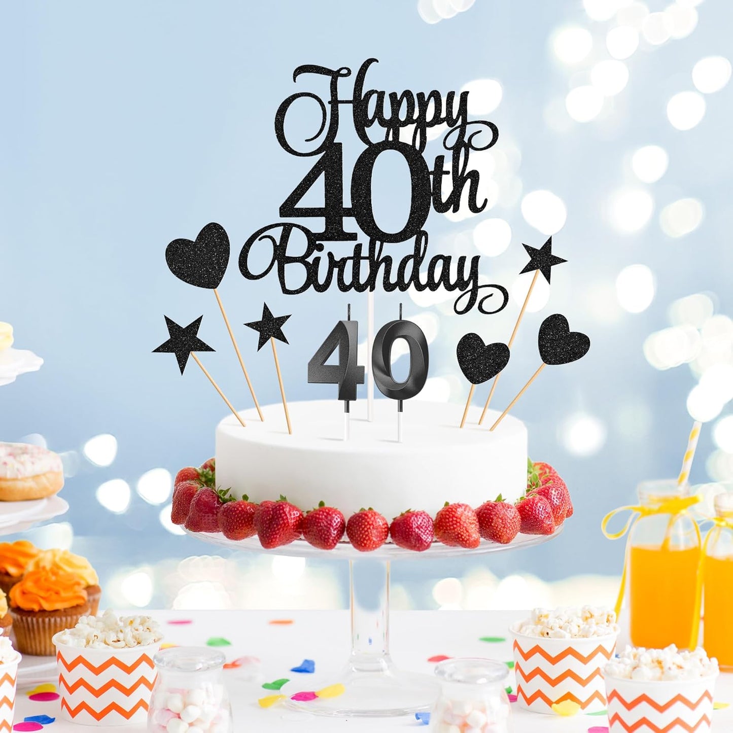 40th Birthday Cake Decorations, 40th Birthday Candles Cake Numeral Candles and Glitter Happy 40th Birthday Cake Toppers Set for Birthday Party Supplies (Black)
