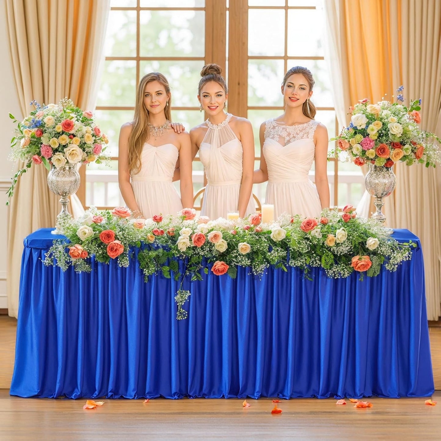 Wish Care Royal Blue Polyester 8FT x 30IN Rectangular Tablecloth with Pleated Ruffle Skirt for 8 Foot Rectangle Tables, Wrinkle Free, Perfect for Birthday Parties, Weddings, Trade Shows
