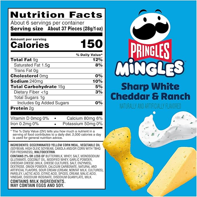 Pringles Mingles Puffed Snacks, Sharp White Cheddar and Ranch, Cheese Puffs, Salty Snacks (6 Bags)