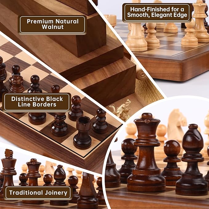 15 Inch Walnut Magnetic Chess Board Set for Adults Kids Wooden Chess, Folding Portable Travel Chess Game for Tournament Professional Beginner